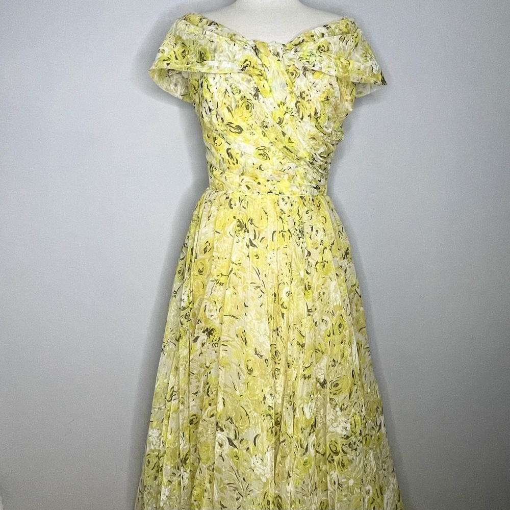 EMMA DOMB Vintage 1950’s Floral Print Off Shoulder Chiffon Gown Maxi Dress - Picture 2 of 11